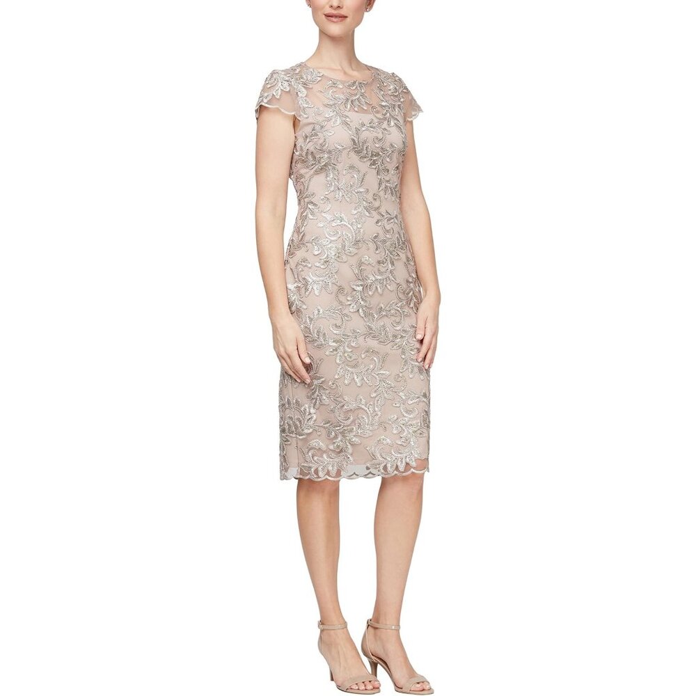 Alex Evenings Floral Embroidered Cocktail Sheath Dress 16 petite Champagne NWT